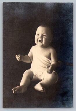 Smiling Cute Chunky Baby Portrait 1920s-30s Snapshot Photograph Studio Unmounted
